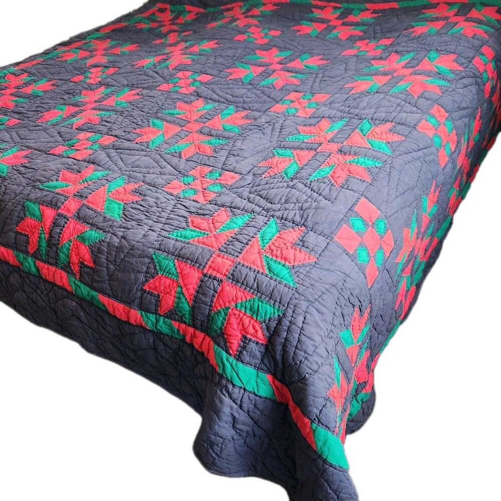 Vtg Primitive Farmhouse Cabin Hand Stitched Patchwork Quilt Pinwheel Star 98"x88